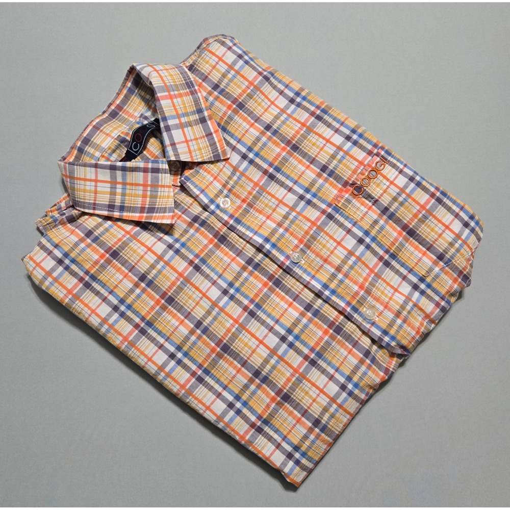 Coogi Plaid Short Sleeve Button Up Shirt Mens XL Orange Blue Yellow Embroidered